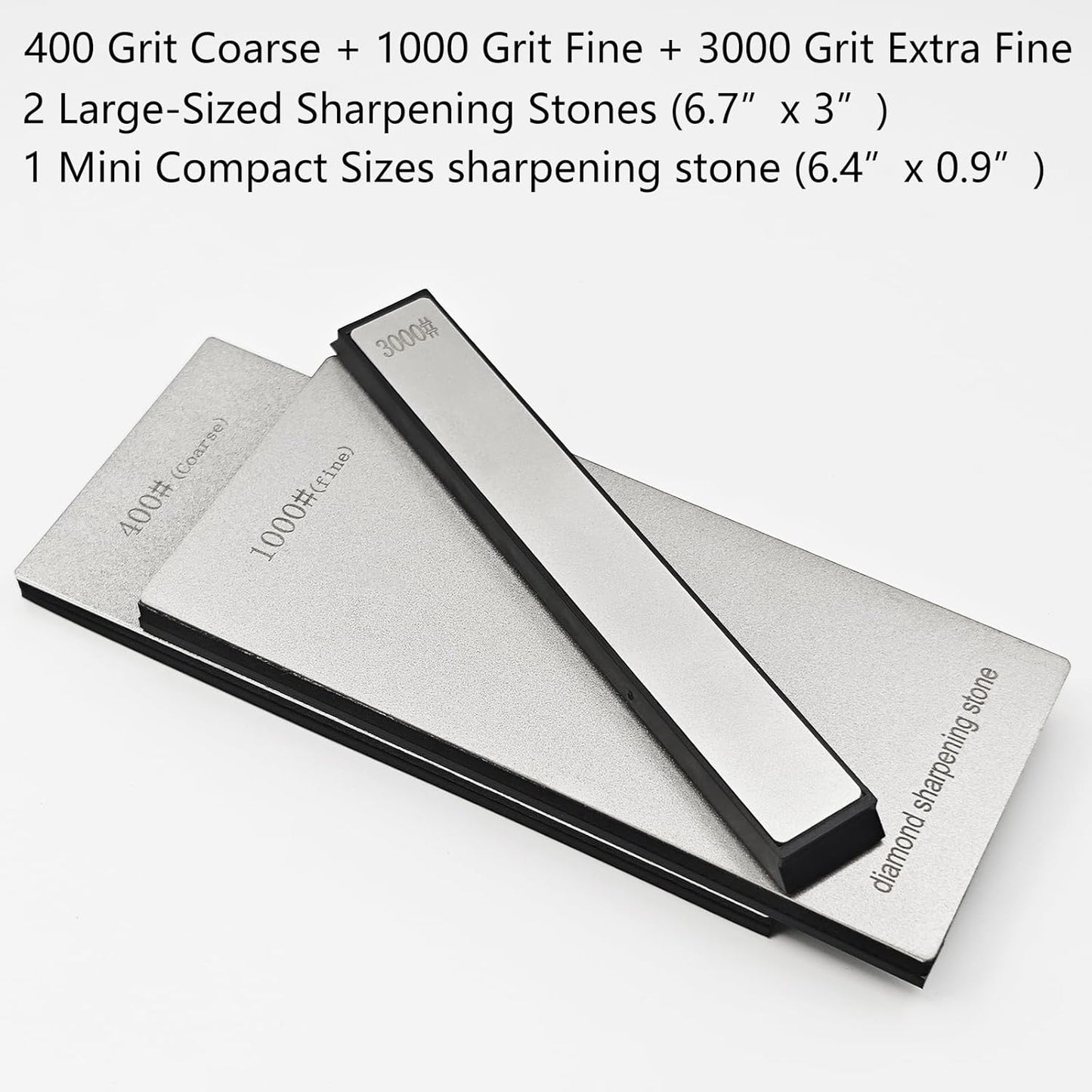 Diamond Sharpening Stone Set, Coarse 400 Grit/Fine 1000# / Extra Fine 3000 Grit, Knife Sharpener Stone, 2 Sizes Whetstone Tool with Non-Slip Base, Diamond Plate Honing Stone, Hone Sharpener