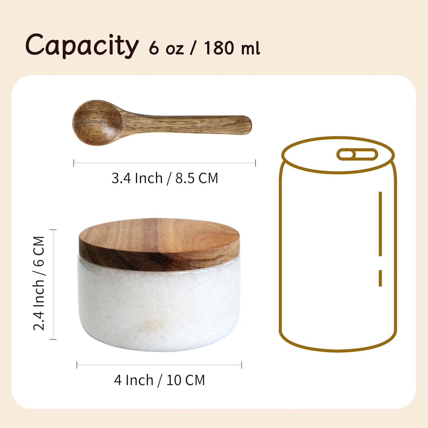 Marble Salt Cellar with Acacia Wood Lid and Spoon – 4-inch Salt Box with Spoon Slot, Kitchen Spice Container for Salt, Sugar, or Spices (White)