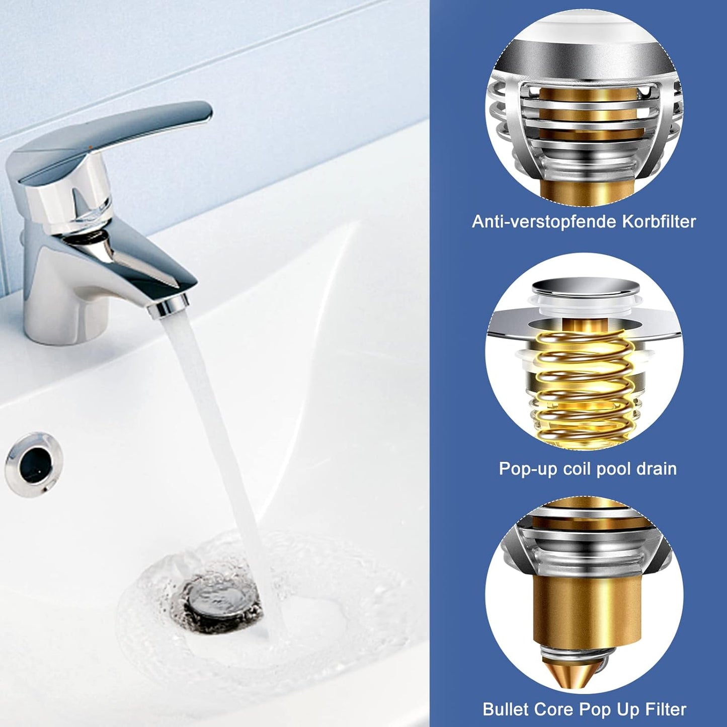 AURUZA 2 Pack Universal Bathroom Sink Stopper, Strainer for 1.1-1.5 Inch Bullet Core Push Type Basin Pop Up Drain Filter,Bathtub Converter with Anti Clogging Basket Hair Catcher