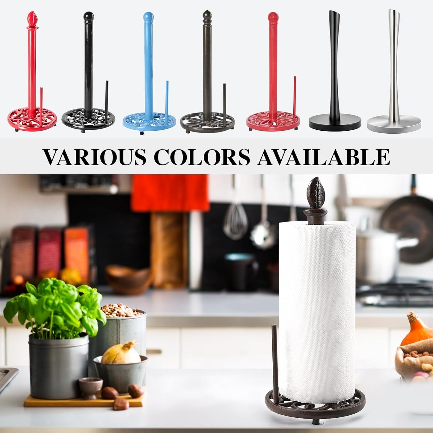 JOGREFUL Paper Towel Holder Stand, Cast Iron Kitchen Paper Towel Countertop Vintage Stand with Weighted-Base, Bathroom Organization for Family Standard Large Size Roll Paper, Leaf Top, Brown