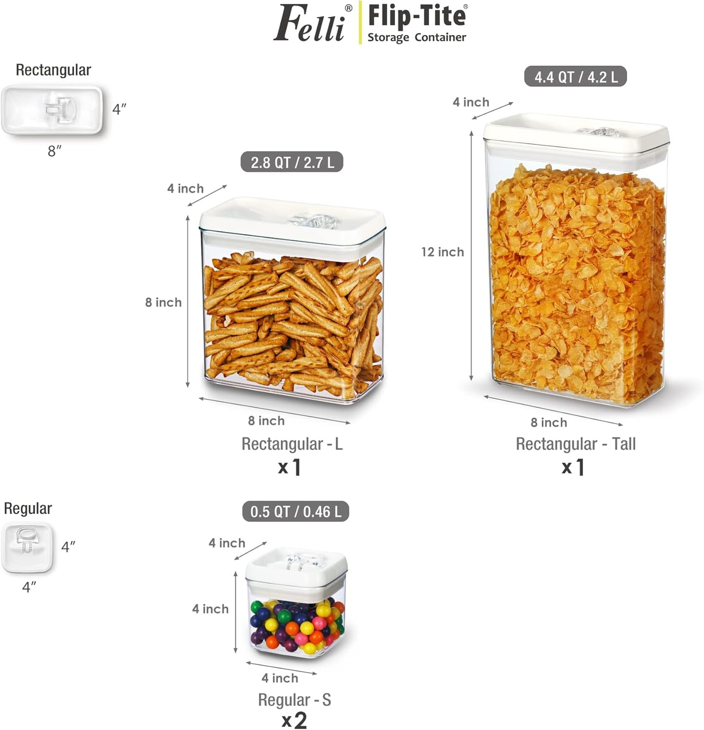 Felli Flip Tite Storage Container with Lid 4" RECTANGULAR Air Tight Ring Flip Top, Stackable Acrylic Canister for Kitchen Counter Pantry, Cereal Granola Pasta Spice, Gift Set for Women (4pk, Variety)