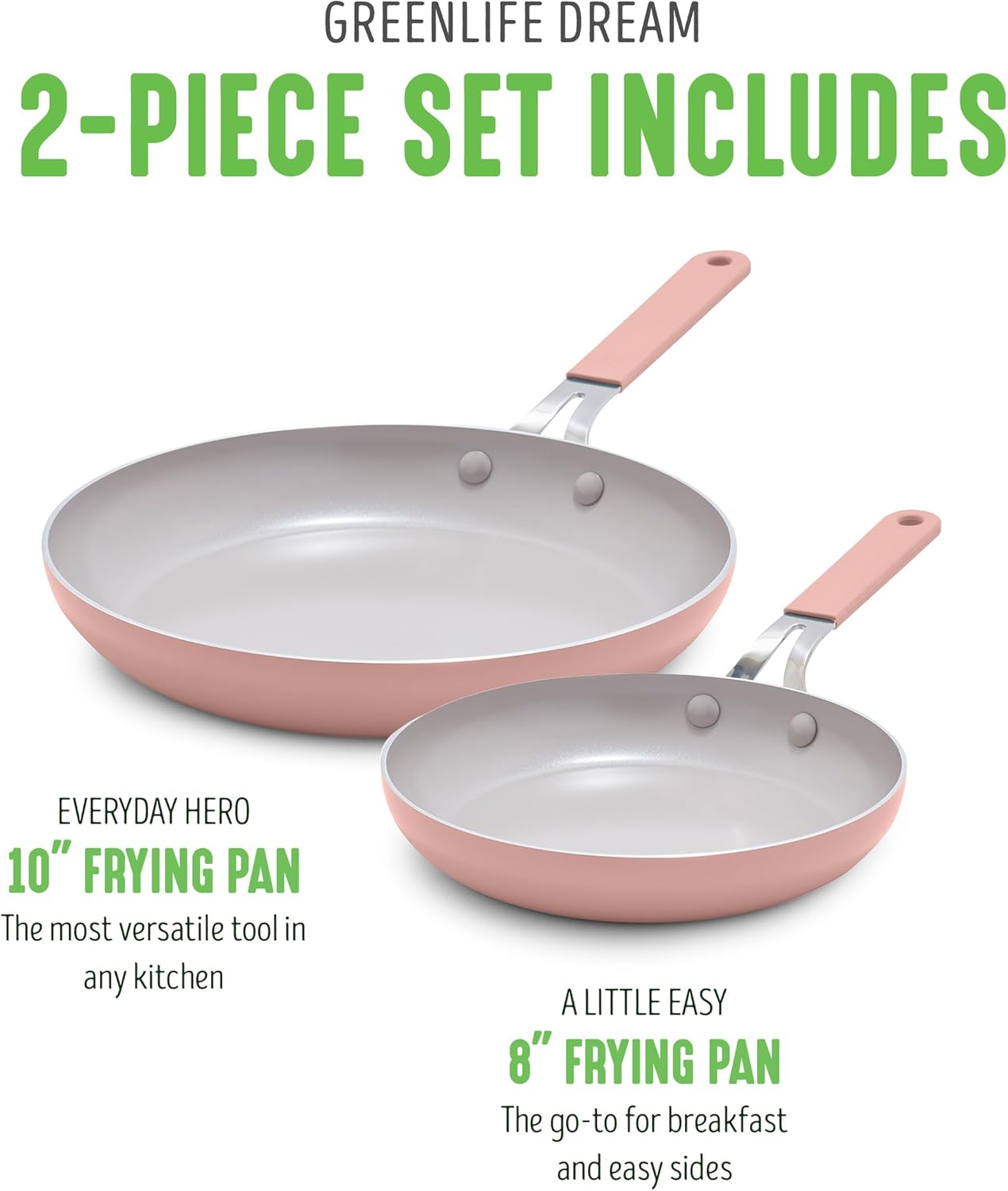 GreenLife 8” & 10” 2 Piece Nonstick Ceramic Frying Pan Set, Lightweight Healthy PFAS-Free Skillets, Dishwasher & Oven Safe, Durable Body, Silicone Stay-Cool Handles, Easy Release, Pink