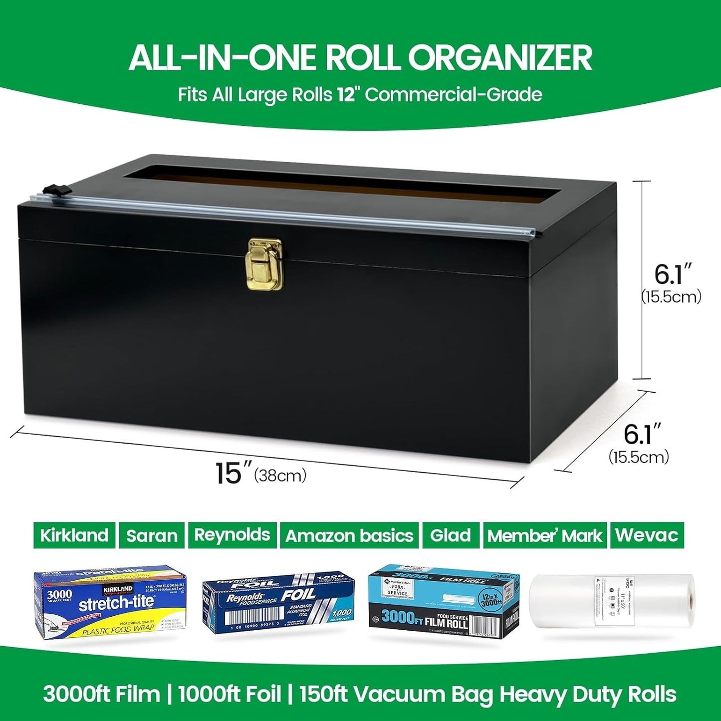 12" Black Commercial Foil & Plastic Wrap Dispenser Organizer w/Slider Cutter & Roller - Heavy Duty XL Holder for 3000ft Film, 1000ft Foil Rolls - Kitchen, Restaurant, Foodservice Storage