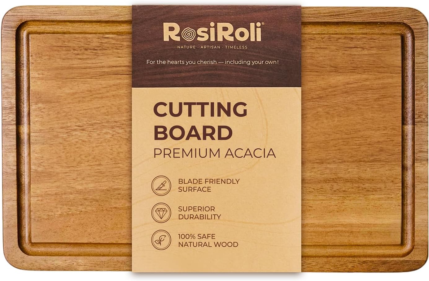 Acacia Wood Cutting Board for Kitchen - 0.8 inch Thick Wood Charcuterie Cheese Board with Side Handles and Juice Grooves, Wooden Chopping Block for Meat and Veggies, 11.5x7 inch