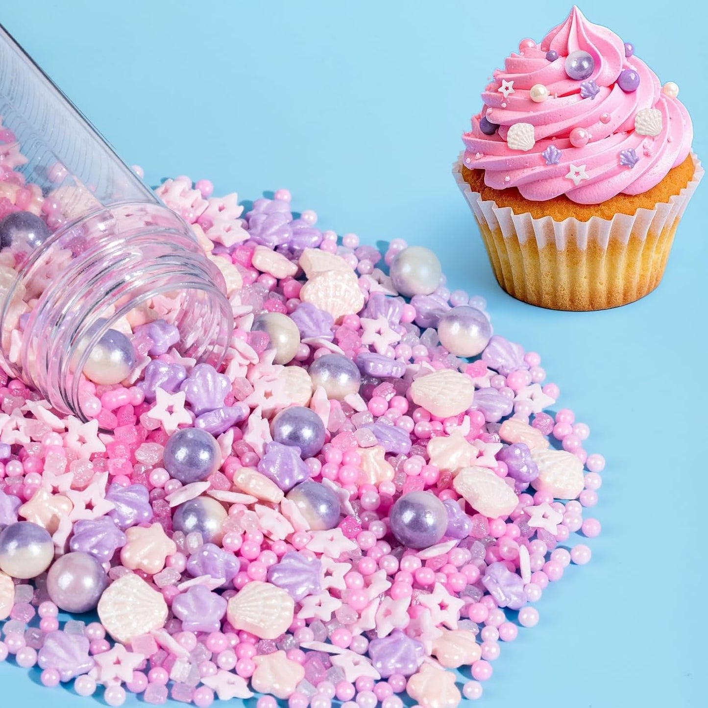 Edible Seashell Sprinkles Cake Decorating,130g/4.58oz,Pink Purple Pearl Sugar Sprinkle,Mix Sea Beach Stars Shell Sprinkles, Ocean Theme Baking Candy Decorations,Cupcake,Ice Cream Cookie Donuts Toppings,Birthday Children's Summer Party Supplies