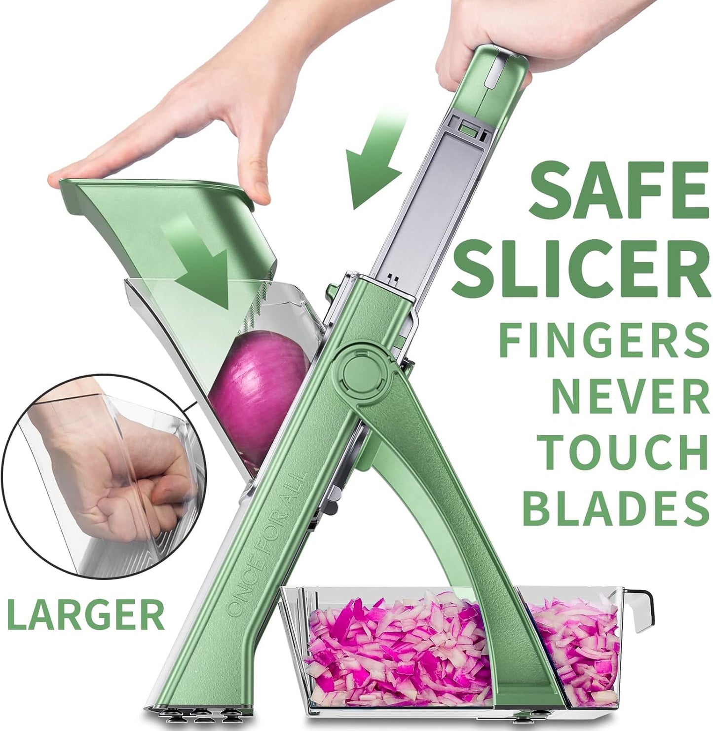 ONCE FOR ALL Upgrade Safe Mandoline Slicer Plus, Adjustable Vegetable Food Chopper Potato Fries French Fry Cutter, Detachable Blade, Kitchen Chopping Artifact, New Kitchen Gift JS03 Green