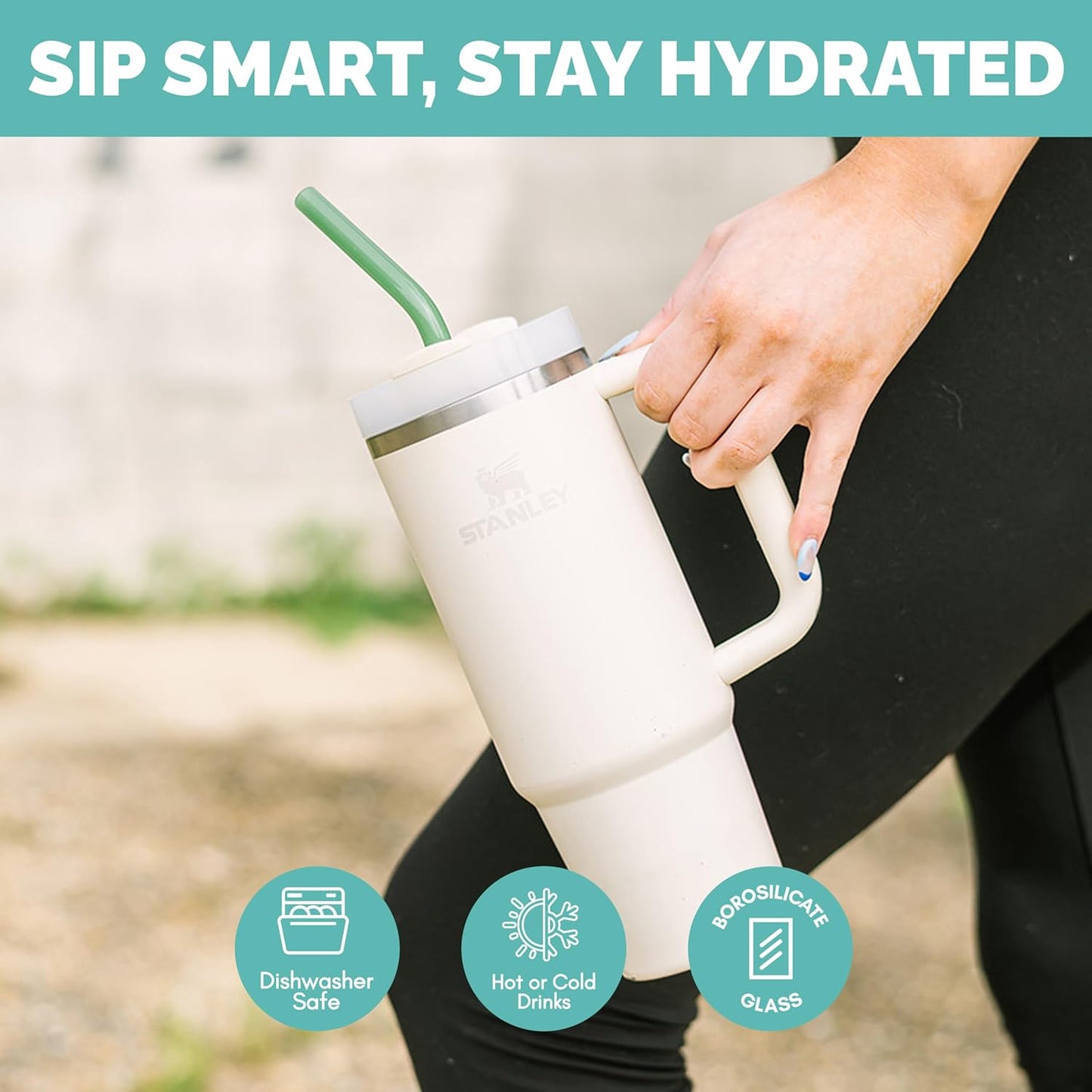 Simply Straws 12 Inch Glass Straws Straight (6-Pack) – Reusable Glass Straws for Stanley 40 Oz Tumbler, with Cleaning Brush – Durable, Dishwasher Safe, Hot & Cold Use, BPA-Free (Marble)