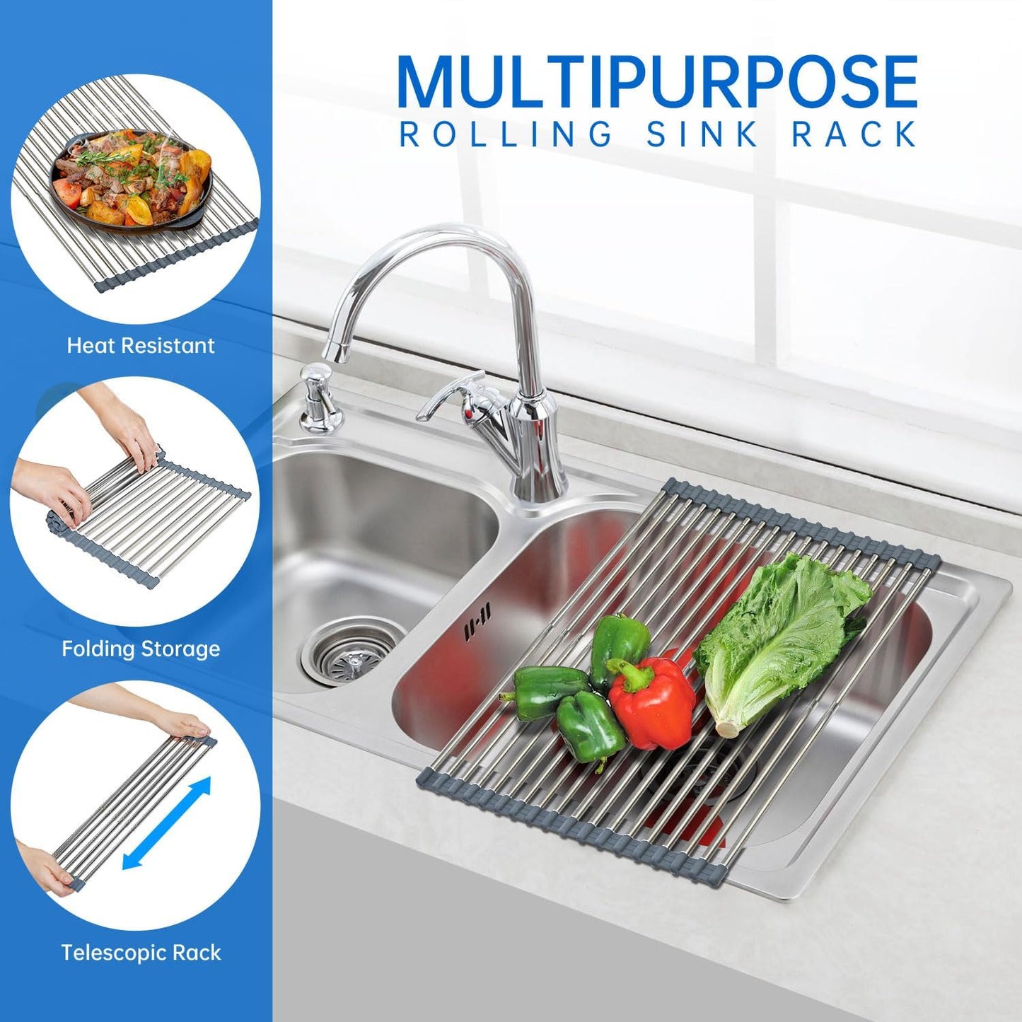 CHIRISEN Expandable Large Roll Up Dish Drying Rack, 18 Tubes 21.25x12.79'' Collapsible Over The Sink Rack, Non-Slip Silicone Rolling Dish Drainer Stainless Steel Rack for Kitchen Sink Counter (Gray)