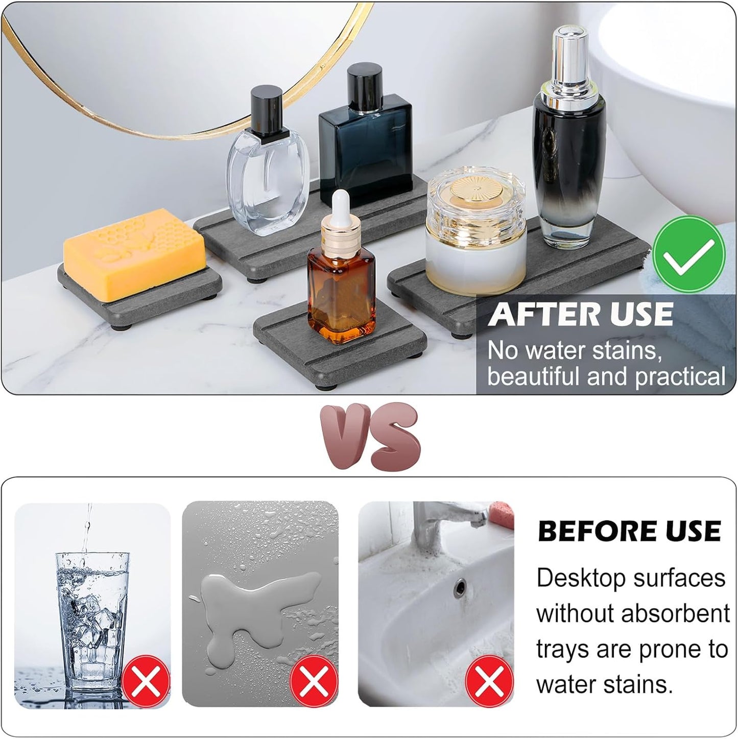 4PCS Stone Drying Trays for Bathroom Sink and Kitchen Counter, Water Absorbing Stone Tray with Diatomaceous Earth, Soap Dish and Coaster