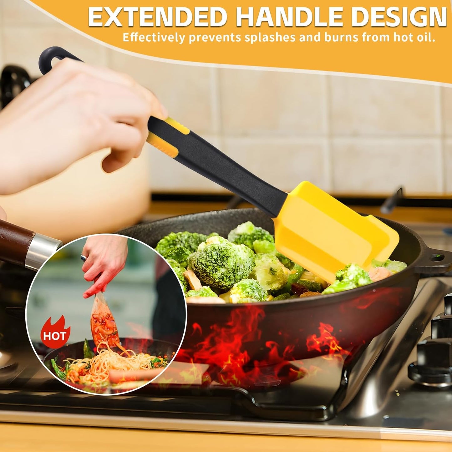 Extra Long Silicone Pastry Brush+Spatula - Heat Resistant, for Baking, Scraping, Mixing, BBQ, Grill, Kitchen, Cooking, Spread Oil, Butter (Yellow Brush+Spatula)