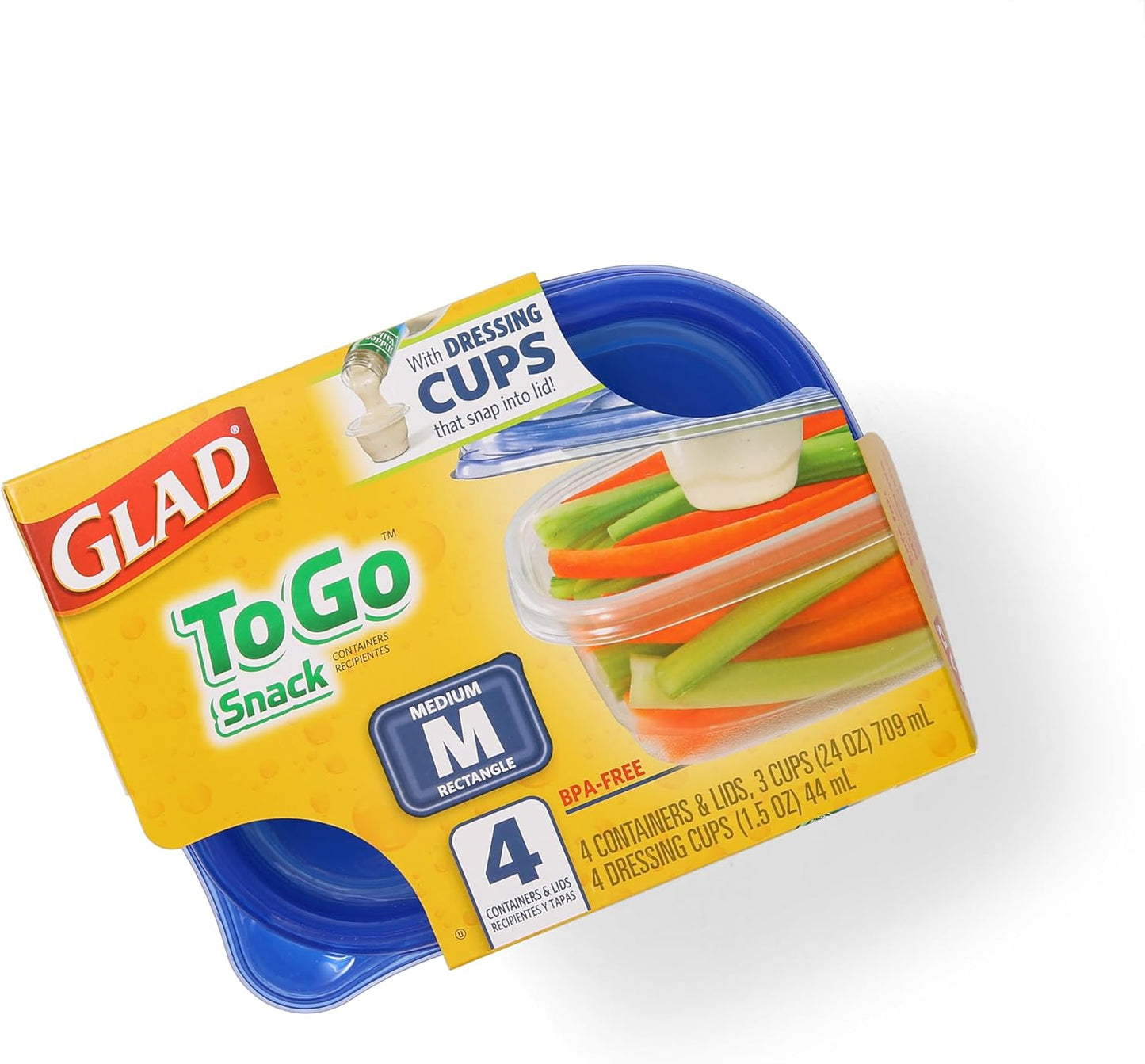 Glad GladWare To Go Snack Food Storage Containers - Medium Round - Meal Container Holds up to 24 Ounces of Food - Lock Tight Seal, 4 Count - 6 Pack