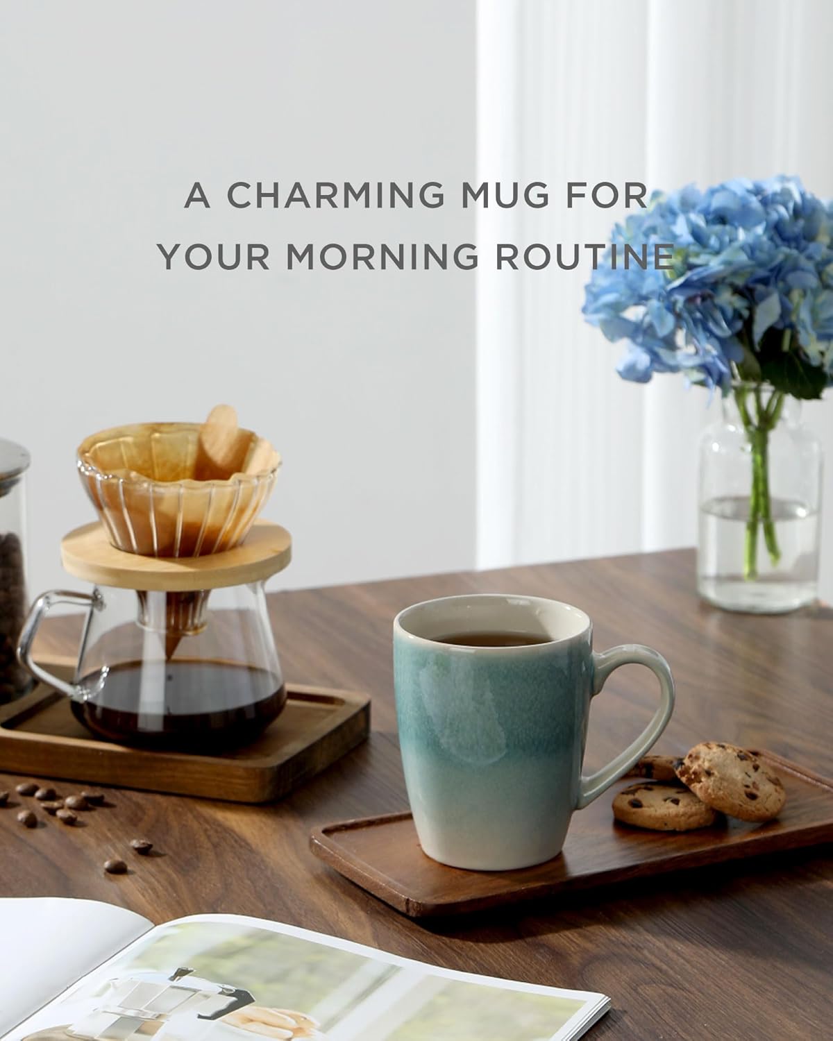 famiware Coffee Mugs Set, 13 oz Mug Set of 4, Stoneware Cups for Latte, Hot Tea, Mocha, Cocoa, Cappuccino, Microwave and Dishwasher Safe, Glacier Series, Aqua