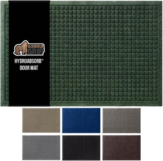 GORILLA GRIP Front Door Mat, 35x23, Indoor Outdoor Ultra Absorbent HydroAbsorb Doormat, Absorbs Up to 5.7 Cups of Water, Stain and Fade Resistant, Rubber Backing Doormats, Captures Dirt, Green
