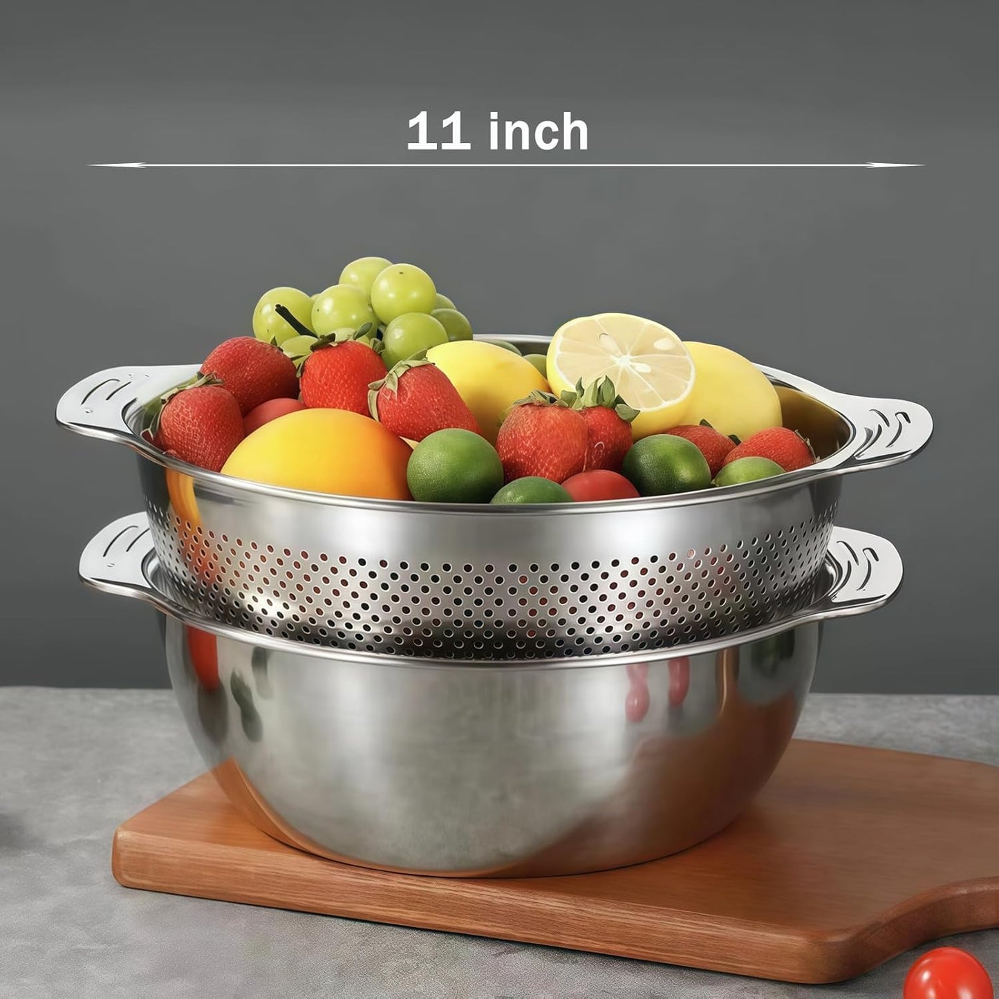Versatile 3.5 Quart Kitchen Colander Set with Handle, Micro-Perforated Strainer for Pasta, Rice, Vegetables, Fruits, Heated 18/10 Stainless Steel Mixing Bowl for Salad, Cooking, Baking