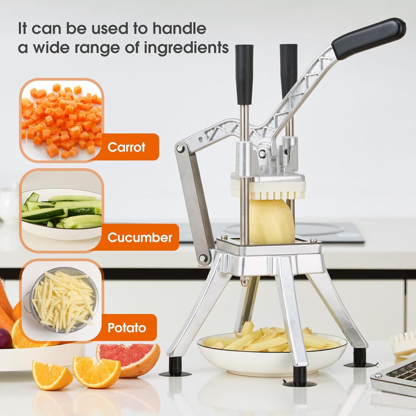 Commercial Vegetable Chopper Potato Dicer & Fruit Slicer, Stainless Steel French Fry Cutter with 3 Replacement Blades(1/2 Inch, 3/8 Inch and 1/4 Inch Blades) for Restaurants & Home Kitchen