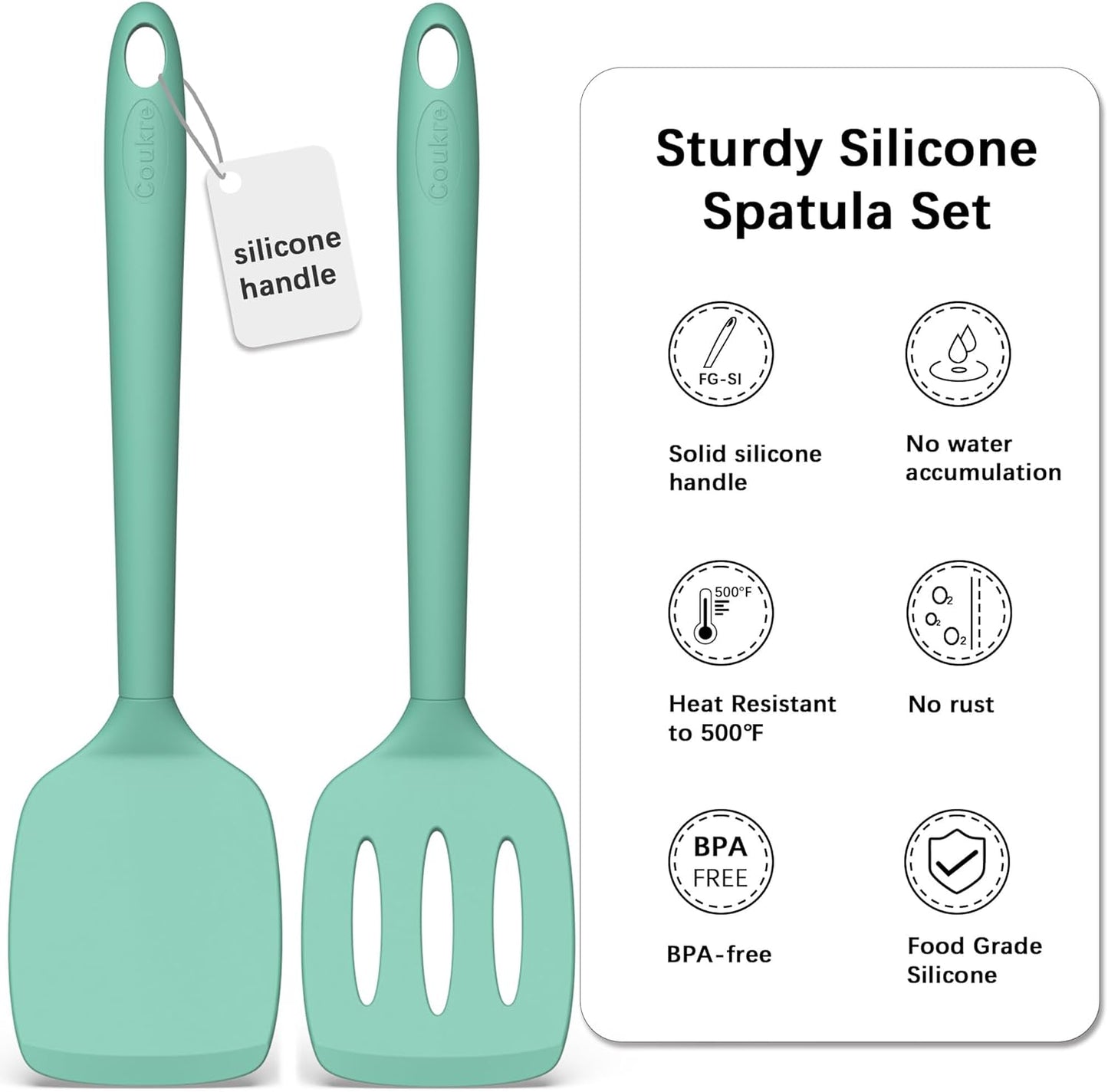Coukre 2 Pack Silicone Spatula Set, High Heat Resistant, BPA Free Kitchen Spatula, Solid & Slotted Turner for Non-Stick Pans, Sautéing, and Flipping (2, PureAquaGreen)