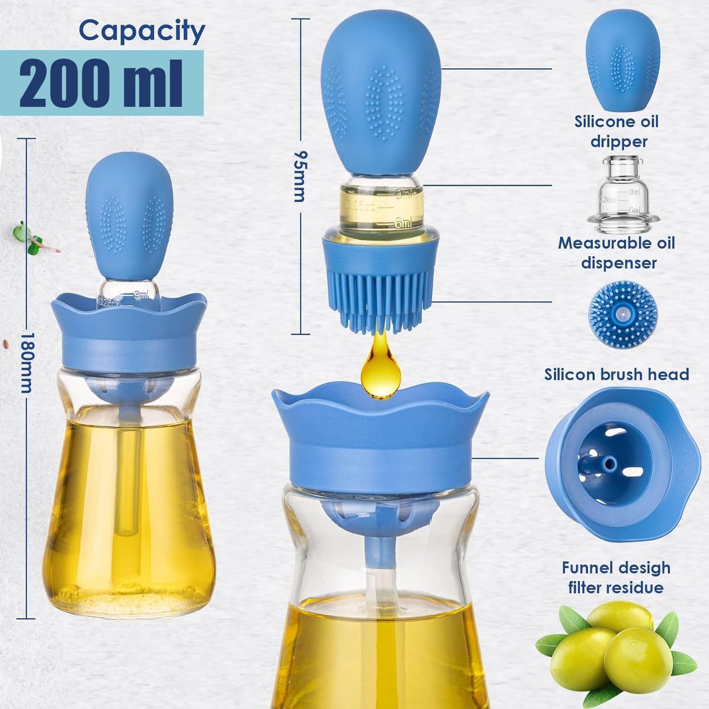 Oil Dispenser Bottle with Silicone Brush, 200ML 2 in 1 Silicone Dropper Measuring Oil Dispenser Bottle for Kitchen Cooking, Frying, Baking, BBQ Pancake, Air Fryer, Marinating - Blue