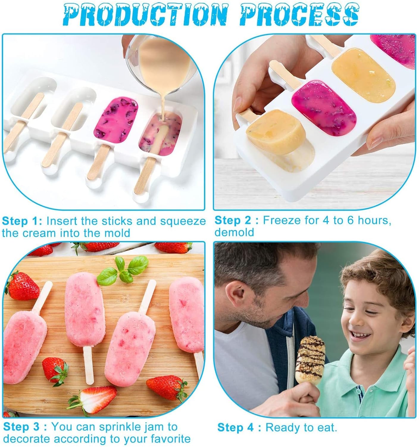 2 Larger Cakesicle Molds Silicone with 100 Wooden Sticks & 100 Parcel Bags, Silicone Popsicles Molds, Cake Pop Mold, Ice Pop Mold 4 Cavities DIY Ice Cream Mold