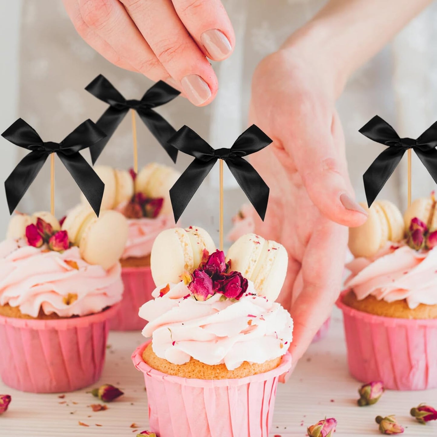 Black Bow Cupcake Toppers, 40 Pcs Bow Cake Topper Birthday Decorations Bowknot Cupcake Picks for Coquette Theme Party Decoration Bachelorette Bridal Engagement Wedding Baby Shower Party Decor