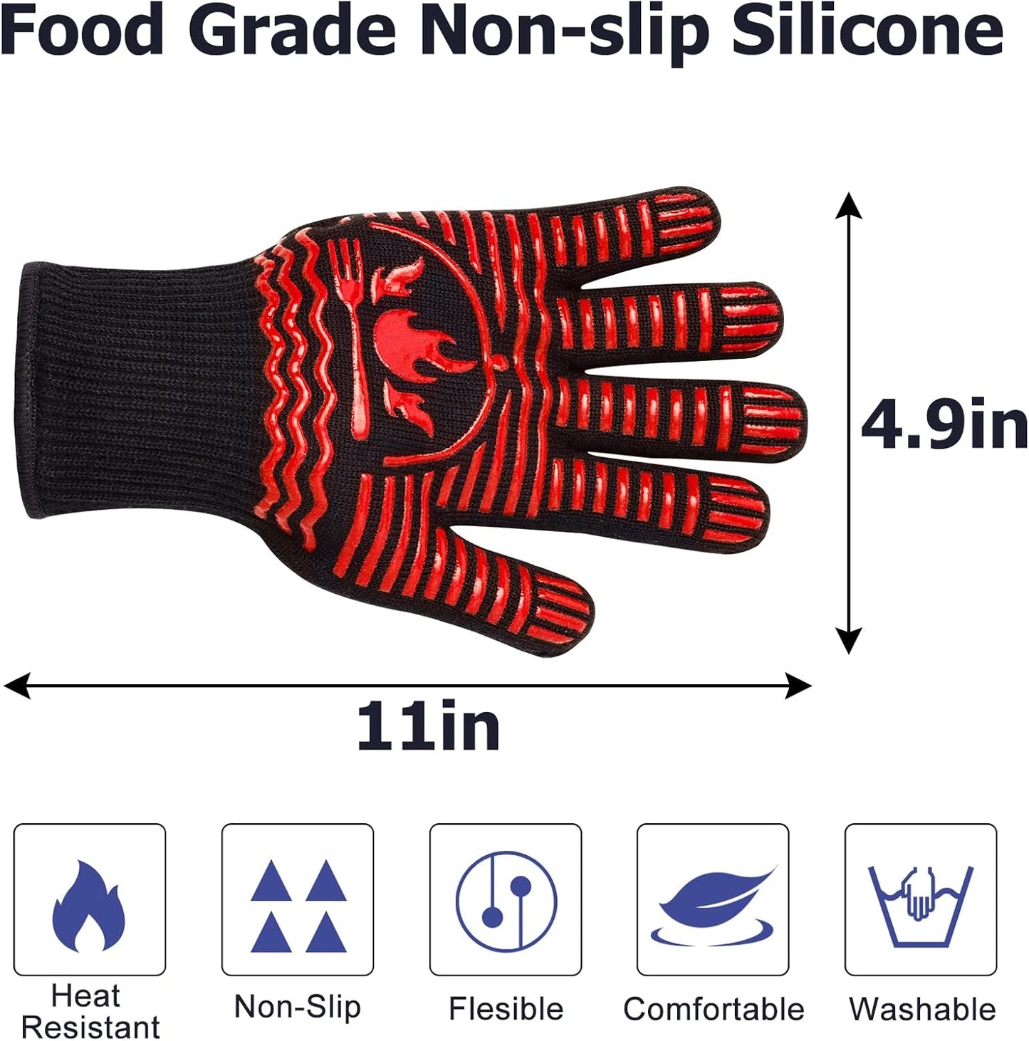BBQ Gloves, 1472°F Extreme Heat Resistant Grill Gloves, Non-Slip Food Grade Silicone Oven Mitts Gloves for Kitchen, Cooking, Barbecue, Baking, Smoker Red (11inch)