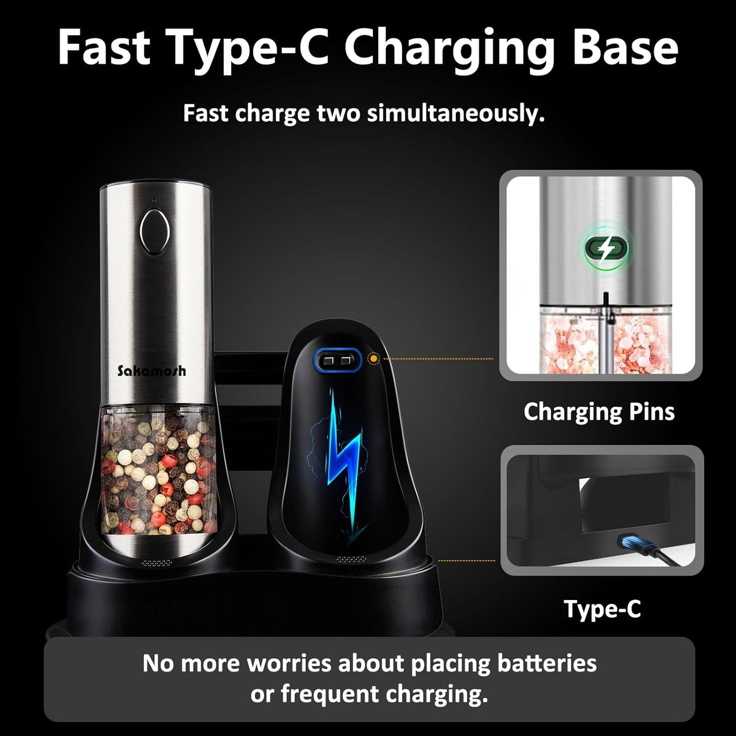 Electric Salt and Pepper Grinder Set USB Rechargeable Base, Stainless Steel Automatic Pepper and Salt Shakers with Adjustable Coarseness, LED Light, Ideal Gifts for Housewarming, Parents, Friends