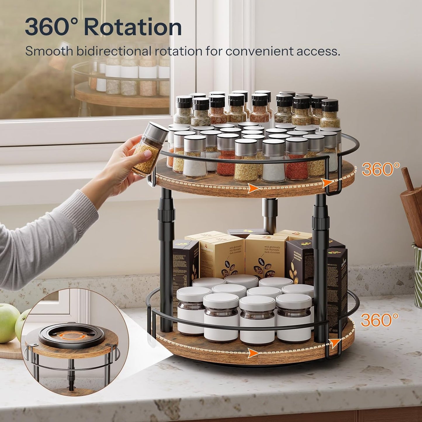 HOOBRO Lazy Susan Organizer Spice Rack, 2-Tier Height Adjustable Rotating Lazy Turntable Spice Organizer, for Kitchen Countertop and Cabinet, Rustic Brown BF05TL01