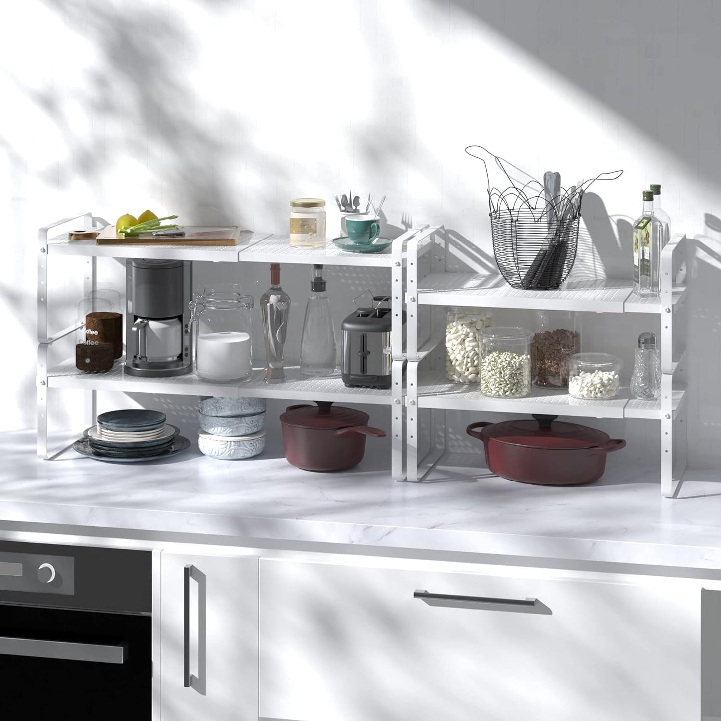 Expandable Cabinet Shelf Organizer Adjustable Metal Spice Rack Stackable Freestanding Counter Storage Shelves for Kitchen Cabinet Under Sink Office Desk (White - 3Pack - L16.5-27'' * W10.2'' * H9.6'')