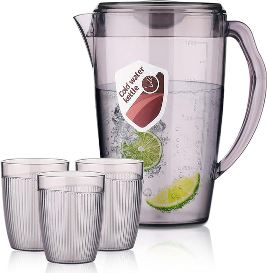 HOMQUEN Plastic Pitcher with 3 Cup, 60 Oz/1.8L Water Pitcher with Lid, Iced Tea Pitcher, Water Carafe, Jar Pitcher, Water Jug with Handle for Tea, Juices, Milk, Cold or Hot Beverages (Gray)