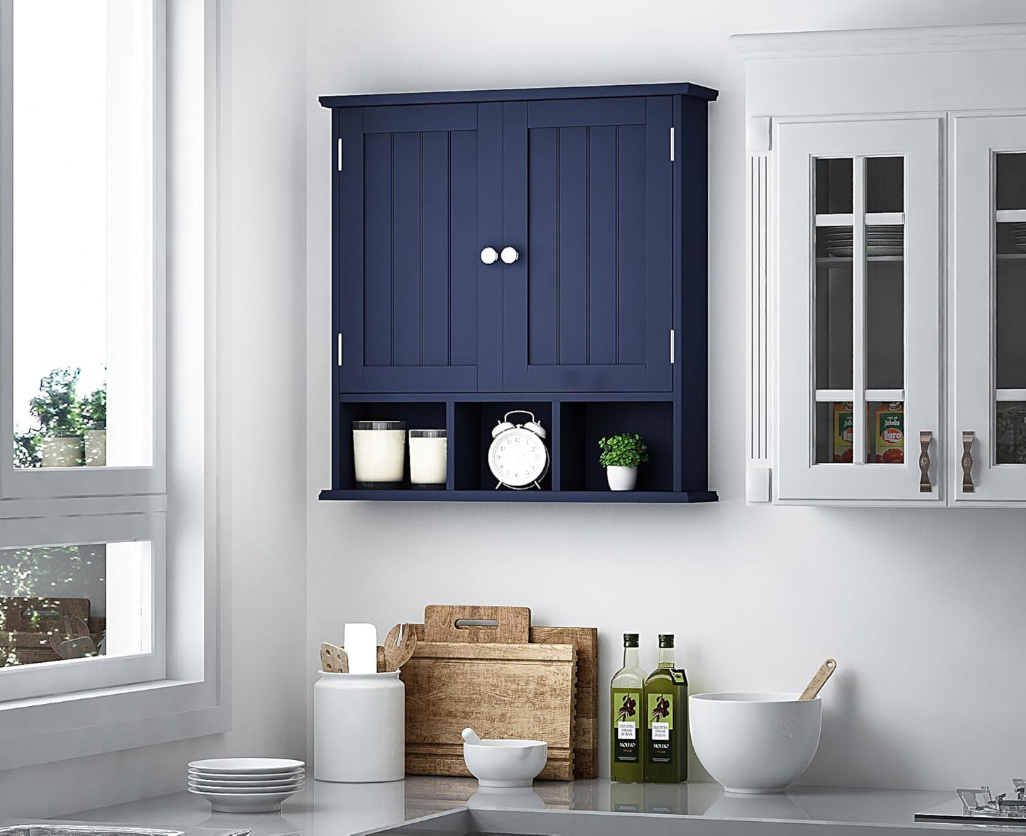 ChooChoo Bathroom Cabinet Wall Mounted 2-Door with 3 Open Shelves， Wooden Medicine Cabinets with Adjustable Shelf，Space Saver Storage Cabinets Over The Toilet for Bathroom&Living Room,Blue