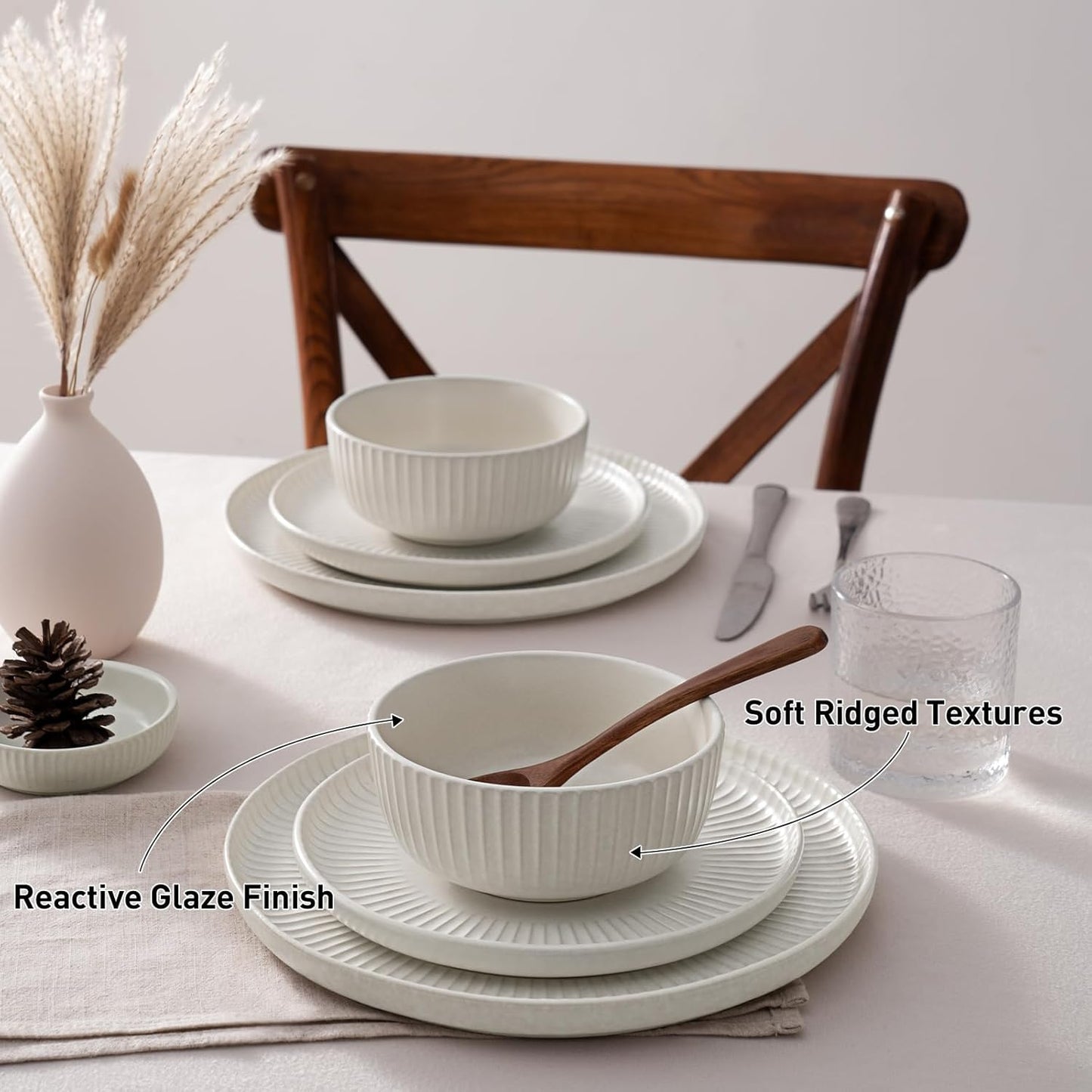 Famiware Starlight Dinnerware Sets, Plates and Bowls Dish Set of 4 (12 Pieces), Ribbed Textured Tableware - Dishwasher & Microwave Safe, Chip Resistant, Reactive Glaze, Matte Reactive White