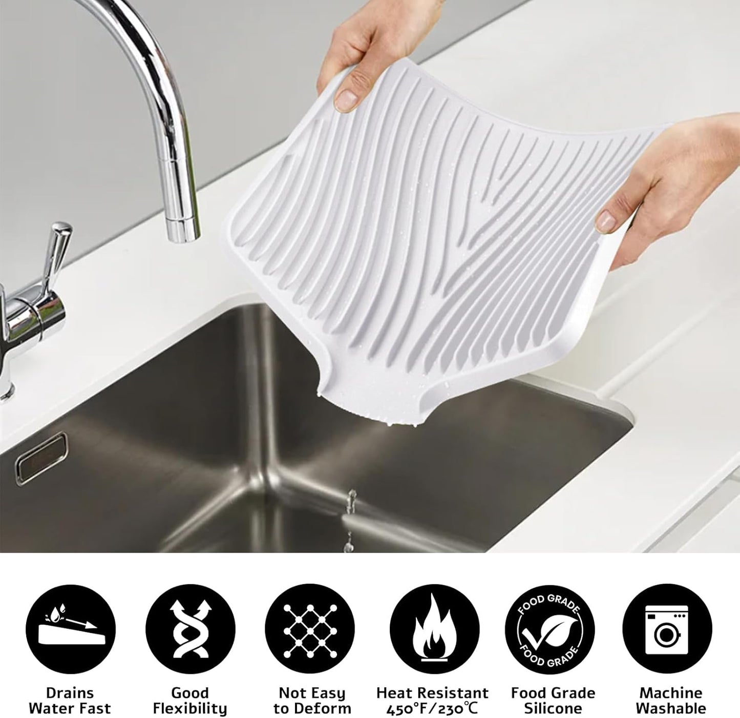 Silicone Dish Drying Mat for Kitchen Counter, Dish Drying Pad, Non-Slip Drain Pad with Built-in Drain, Heat Resistant Stone Drying Mat, 1 set (Ivory)