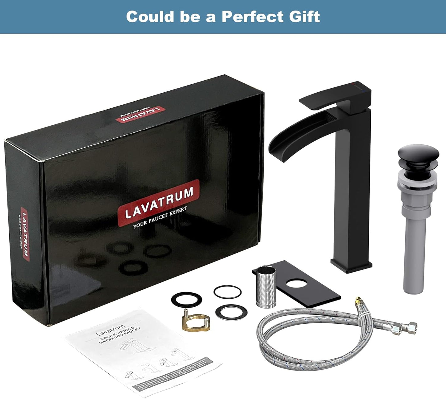 Bathroom Faucet Tall Vessel Faucet Matte Black Waterfall Deck Mount Single Handle Lavatory with Water Supply Line Lavatory Vanity