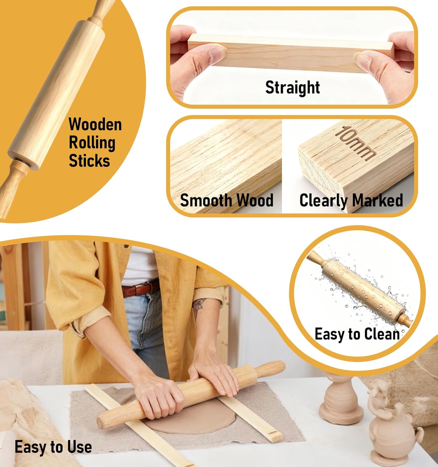 13 Pcs Pottery Tools, 5 Size Teaching Rolling Mud Stick Guide, Wood Rolling Pin, Pottery Special Linen, Clay Fabric, Sponge, Premium Pottery Tools for Hobbyists & Ceramic Artists