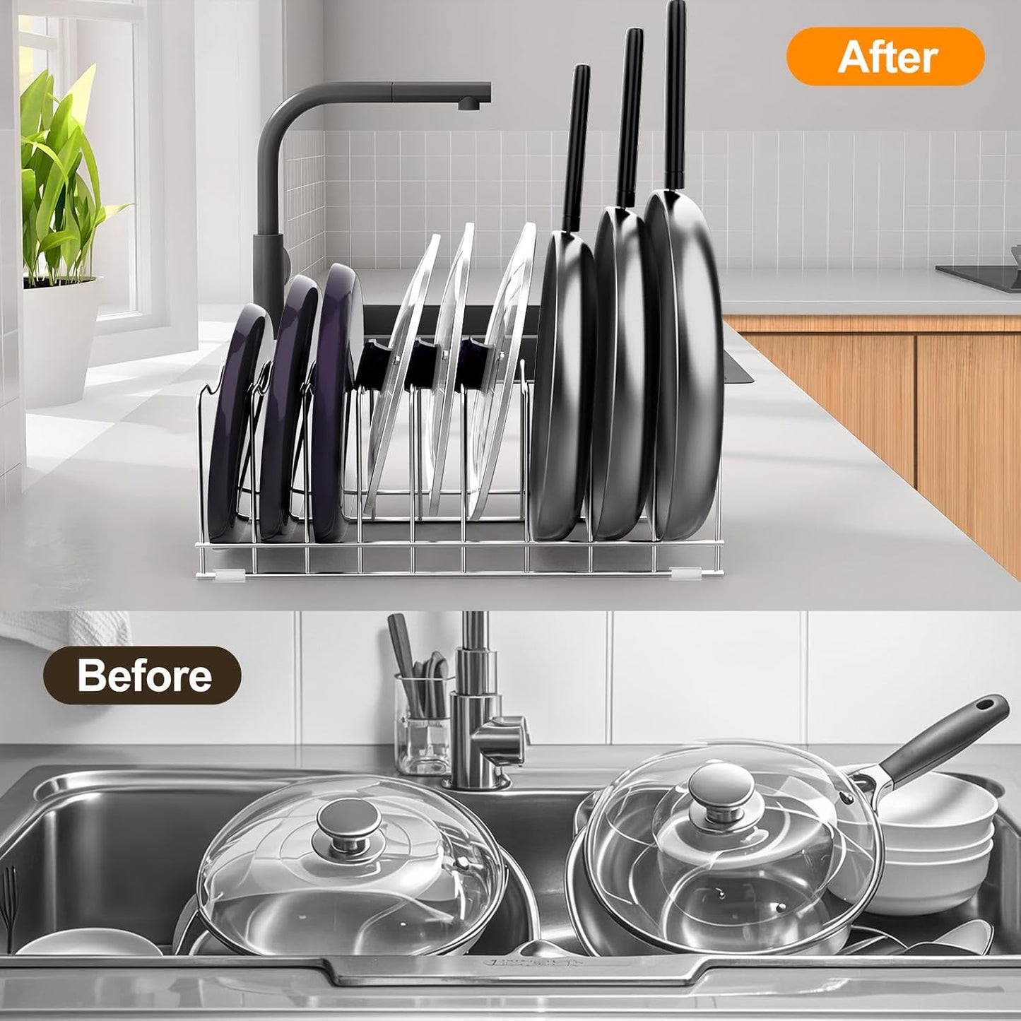 FLSEPAMB Lid Organizer Pot Lid Organizer 10-Tier Pot Lid Rack Holder Suitable for Bakeware Dish Plate, Cutting Boards, Pots & Pans, Serving Trays, Reusable Containers in Cabinet Pantry (1 Pack)