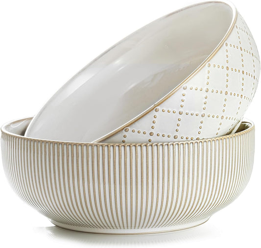 getstar Large Serving Bowls (9.5 inch & 92 fl oz), Ceramic Salad Bowl Set of 2, Microwave and Dishwasher Safe, Farmhouse Kitchen Decorative Bowls Set (Embossed Checks & Stripes)