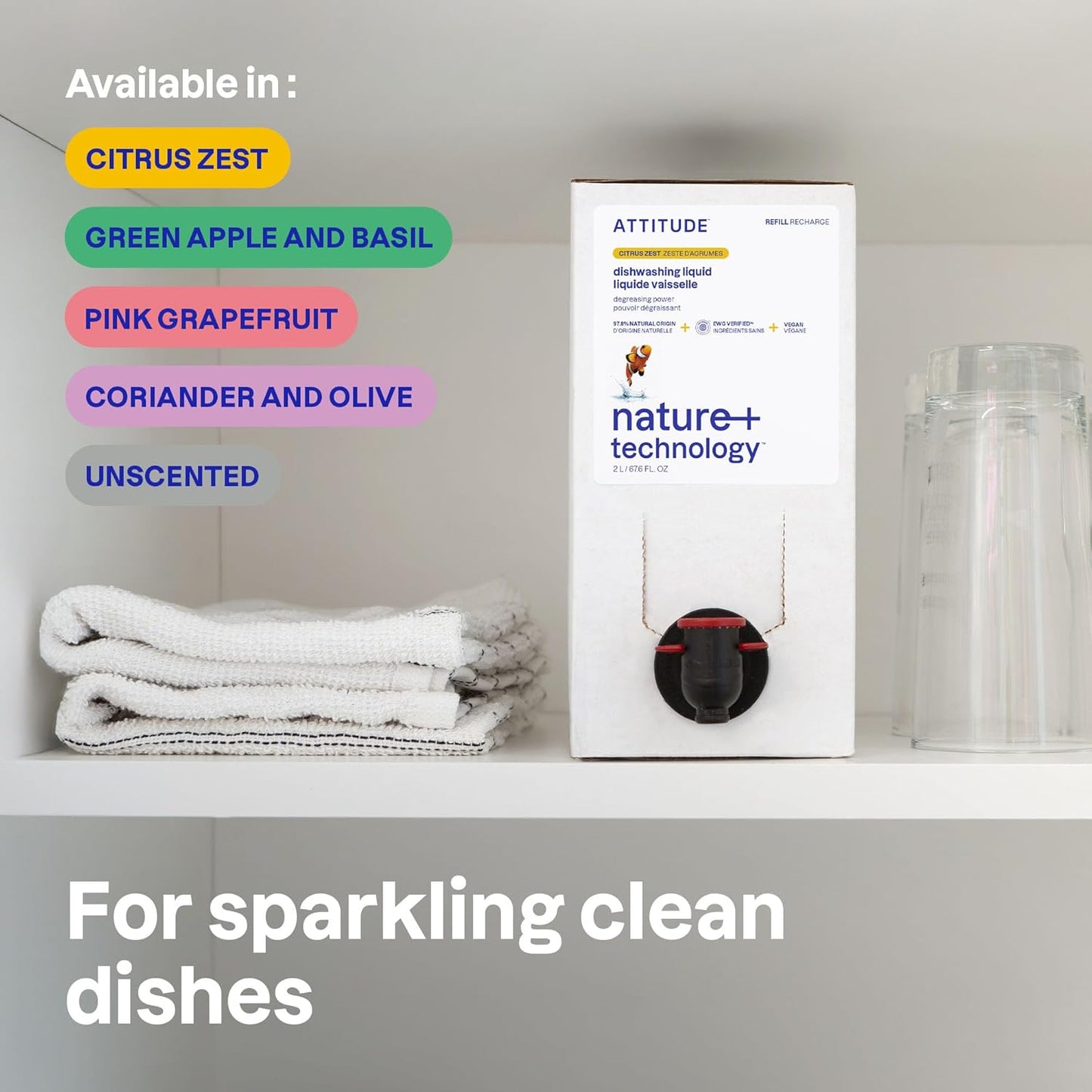 ATTITUDE Dish Soap Refill, EWG Verified, Plant-Based & Vegan Dishwashing Liquid, Naturally Derived, Unscented, 67.6 Fl Oz