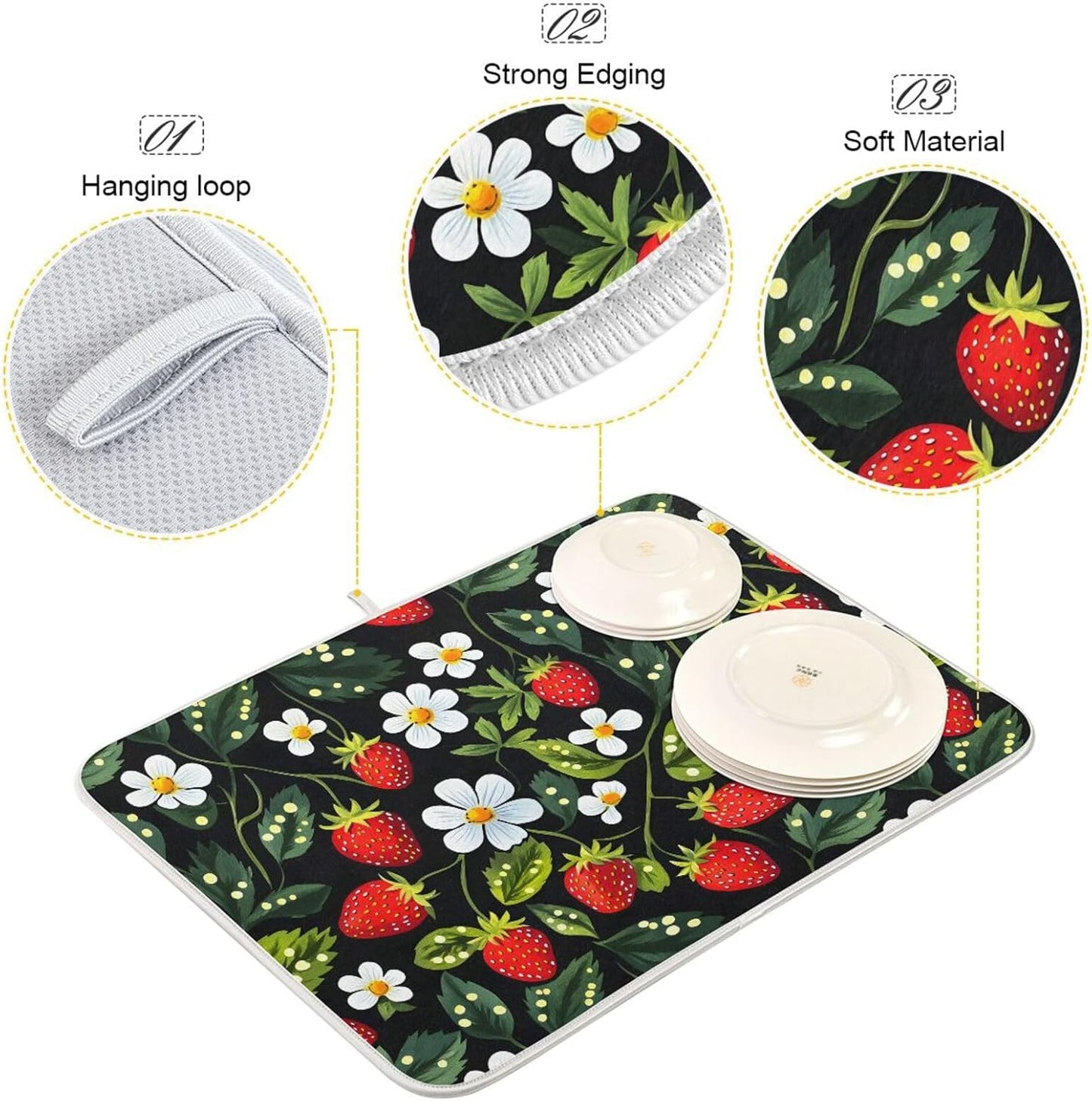Strawberries White Flowers Dish Drying Mat for Kitchen Counter Absorbent Microfiber Drying Pad, Large 18x24 in, Reversible Drainer Mats