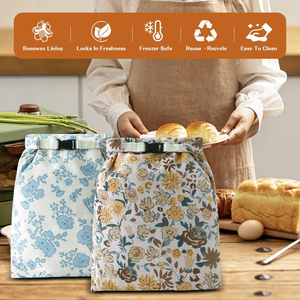 Bread Bags for Homemade bread,2 Pack Sourdough Bread Bags,Beeswax Bread Bags for Bourdough,Reusable Bread Storage