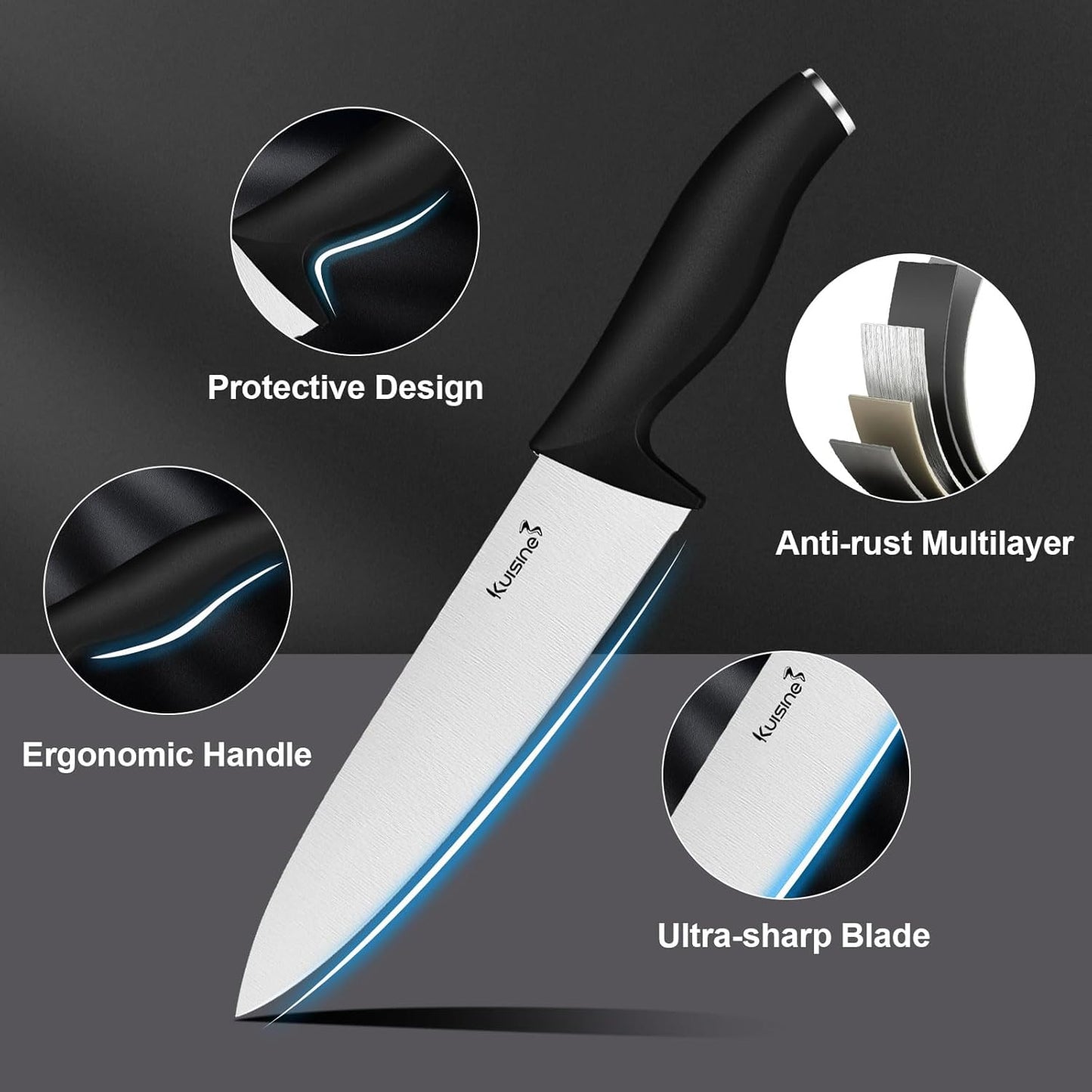 Kuisine Kitchen Chef Knife Block Set,High Carbon Stainless Steel Sharp Knife Set with Built-in Sharpener,Elegant Gift(Black,15pcs)