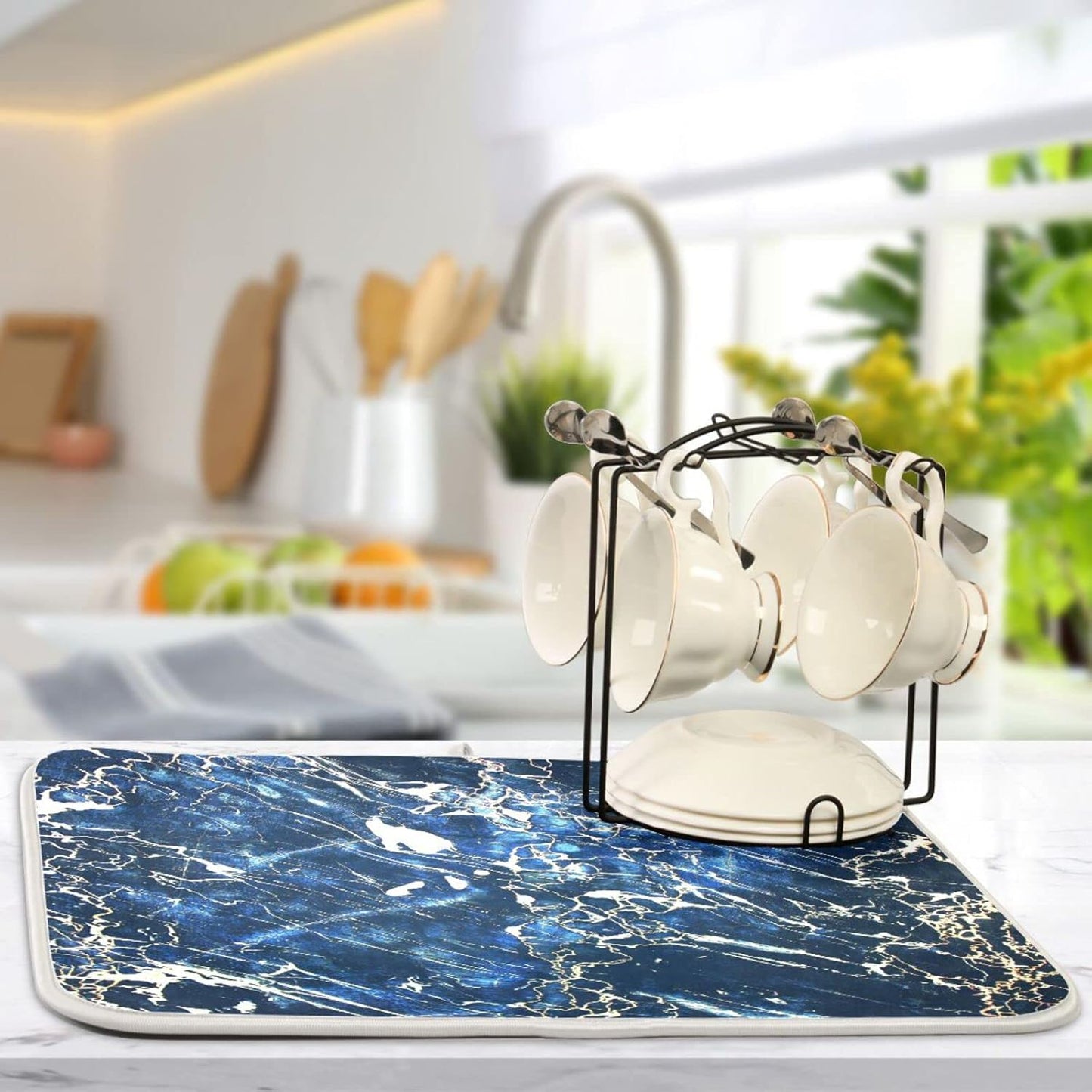 Super Absorbent Dish Drying Mat, Microfiber Fast-Drying Dish Mat, 24" x 18", Kitchen Dish Drying Pad, Marble Black Navy Blue