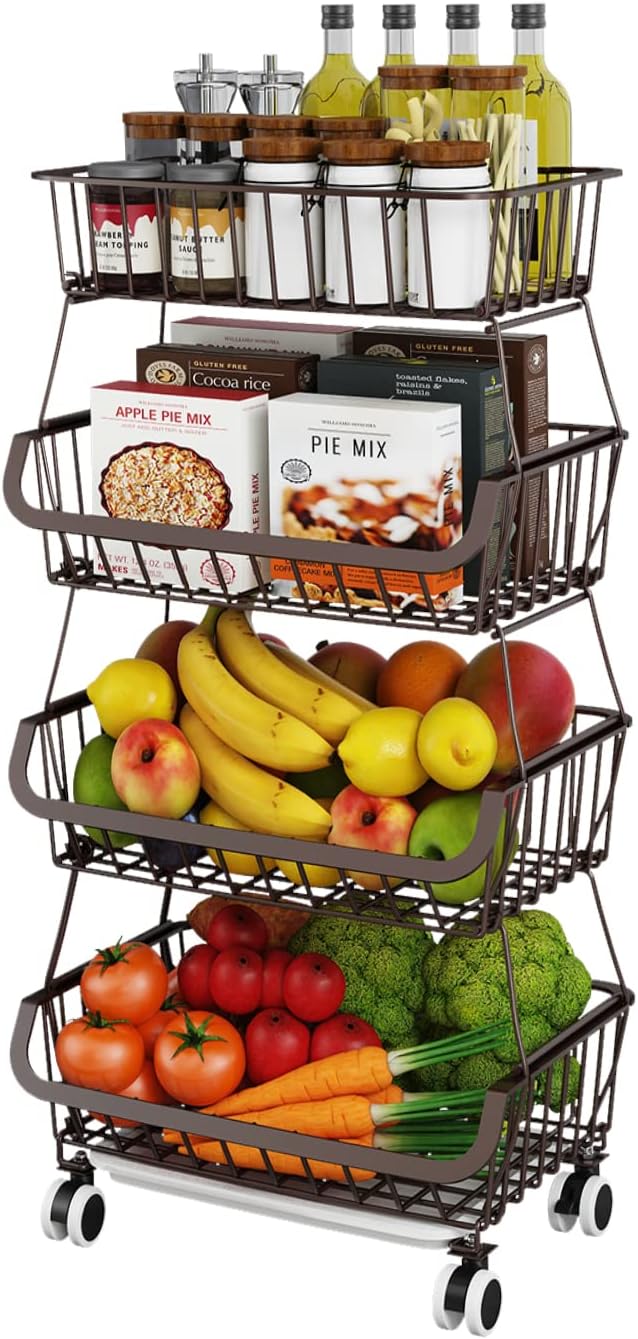 Fruit Vegetable Storage Basket for Kitchen - 4 Tier Stackable Metal Wire Baskets Cart with Rolling Wheels Utility Fruits Rack Produce Snack Organizer Bins for Pantry Bathroom Laundry Bronze