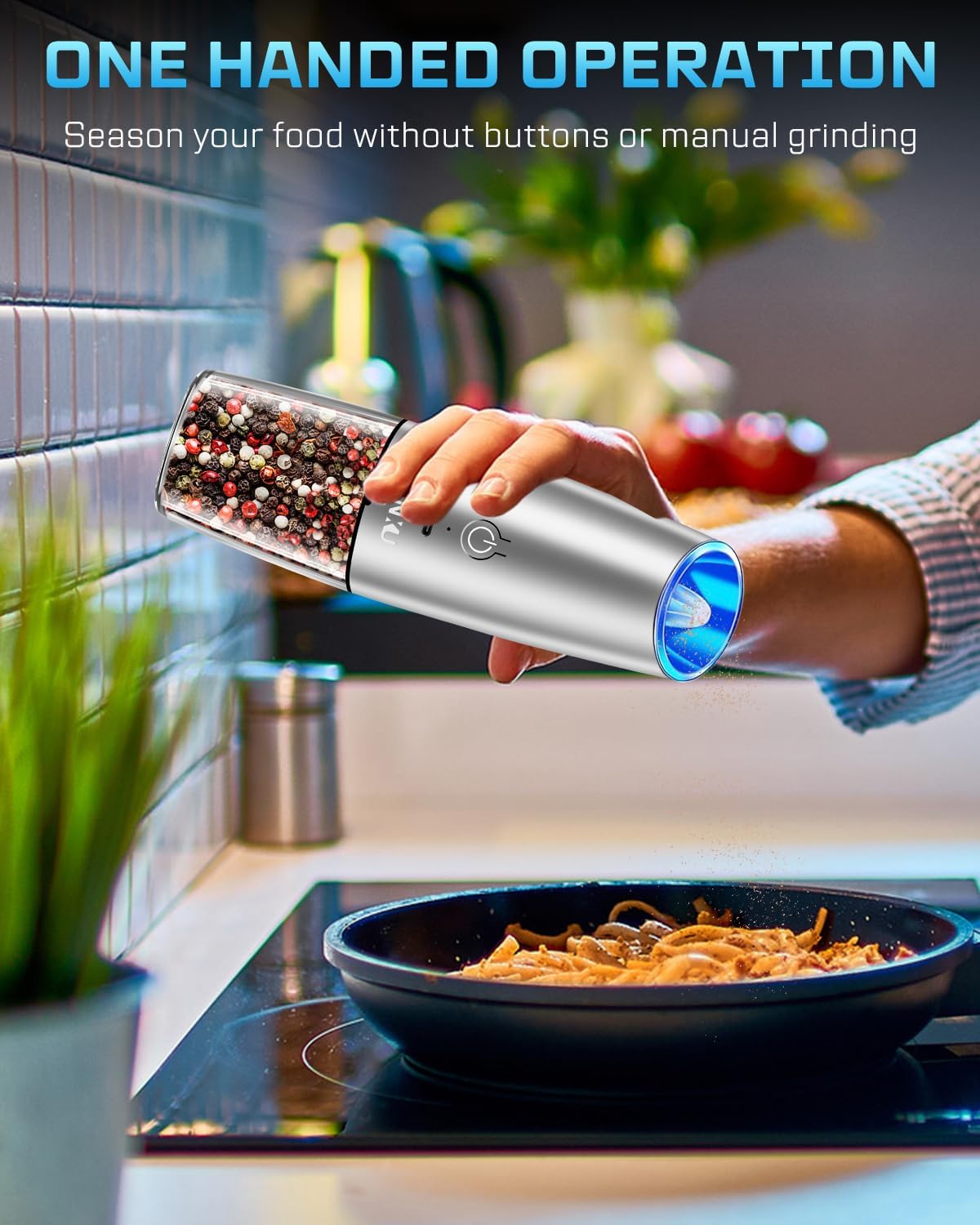 XinXu RECHARGEABLE Pepper and Salt Grinder Set,Automatic Pepper Mill,USB Rechargeable,Adjustable Coarseness,One-handed Operation,Ceramic Burr,Refillable,Auto Grinders Shakers LED Light,Sliver