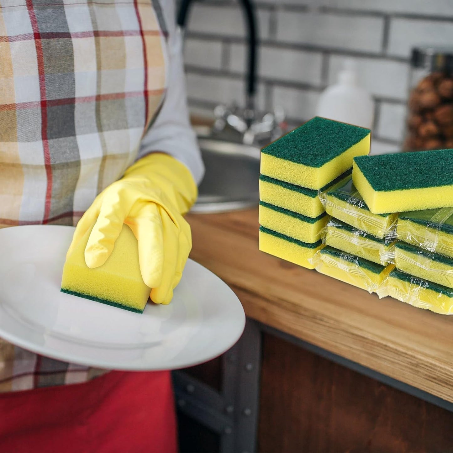 50 Pcs Individually Wrapped Sponges, Uncompressed Non Scratch Scrouing Sponges for Household Cleaning Dishes Kitchen Airbnb Apartment Car Bike Green