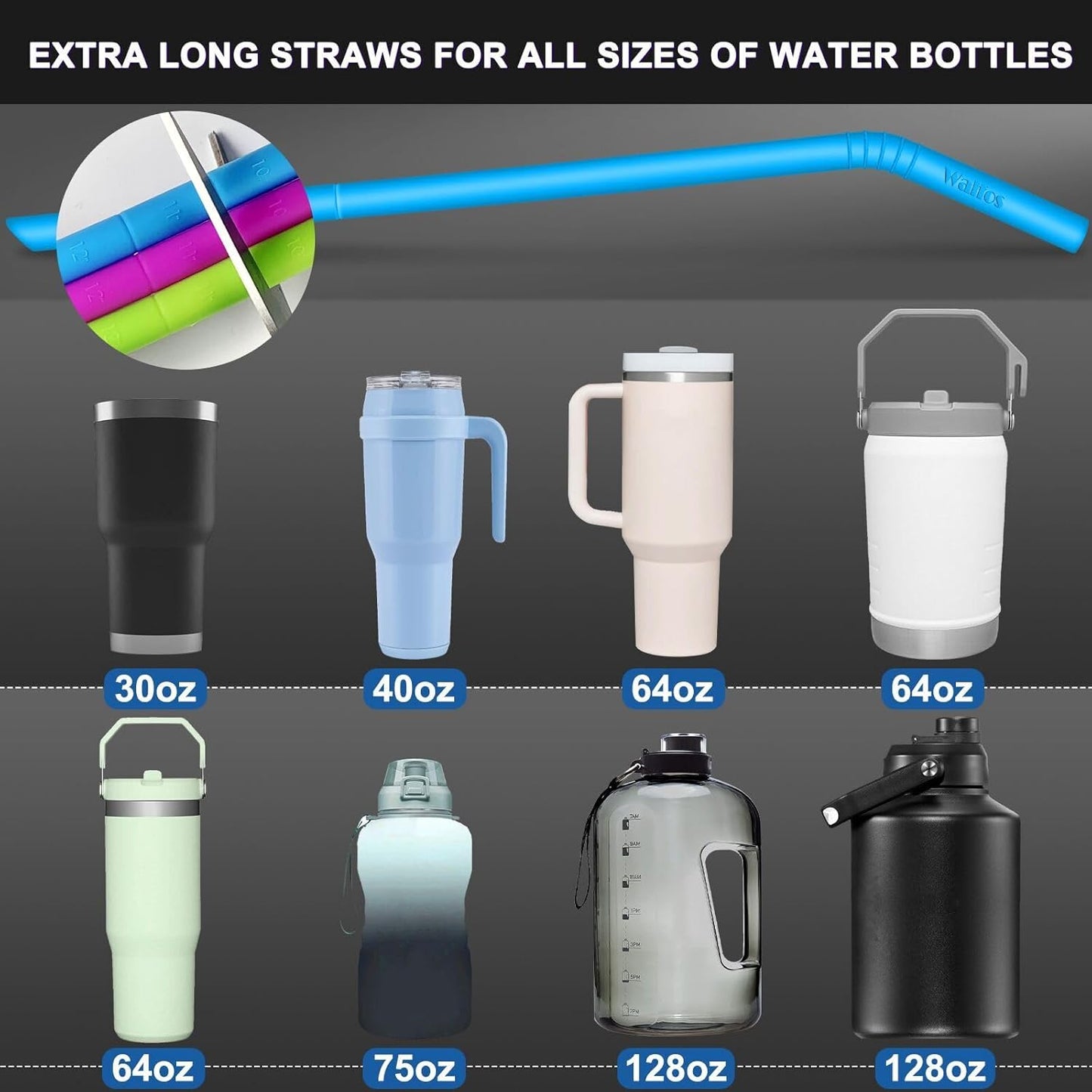 WALFOS 14.5 inch Extra Long Reusable Silicone Straws, Big Sizes Flexible Bendable Straws for 1/Half Gallon Large Water Bottles, 128 75 64 40 OZ Tumbler with Cleaning Brush (6-Pack)