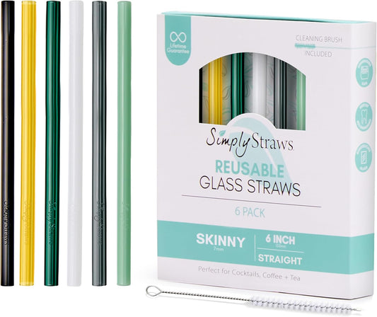 Simply Straws 6 Inch Skinny Glass Straws (6-Pack) - Reusable Cocktail Straws for Mixed Drinks, Low Balls, Coffee & Tea, with Cleaning Brush – Dishwasher Safe, Hot & Cold Use, BPA-Free (Fjord Mist)