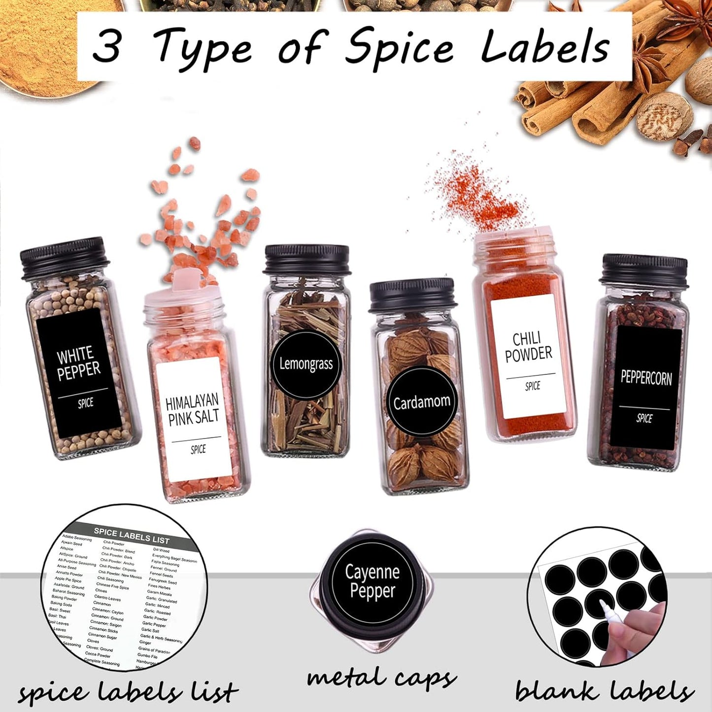 Churboro 48 Spice Jars with 547 Labels- Glass Spice Jars with Black Metal Caps, 4oz Empty Spice Containers with Shaker Lids, Funnel, Chalk Pen, Square Seasoning Bottles for Spice Rack, Drawer, Cabinet