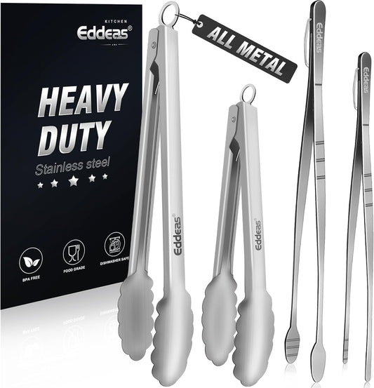 Tongs For Cooking - Heat Resistant 600 Degrees, All Metal Kitchen Tweezers Tongs, Heavy Duty Stainless Steel Cooking for Food, Grill, BBQ, Dishwasher safe Set of 4 (12" & 9in)