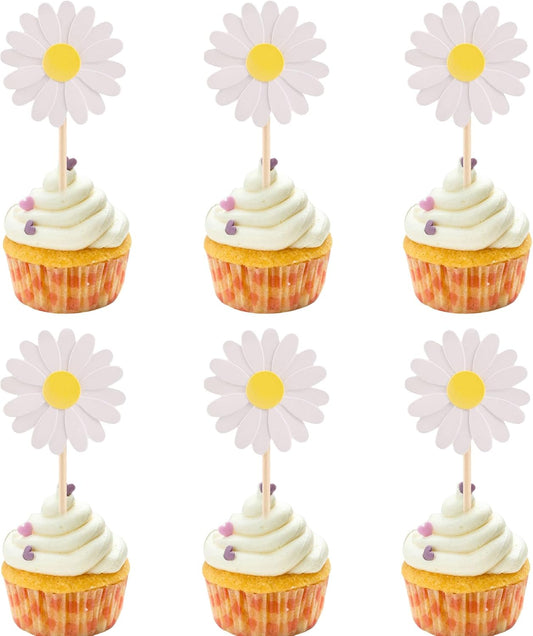 24Pcs Daisy Cupcake Toppers Flower Cake Topper Decorations Daisy Cake Decorations Chrysanthemum Cupcake Toppers Spring Daisy Flower Cake Picks for Birthday Wedding Supplies White