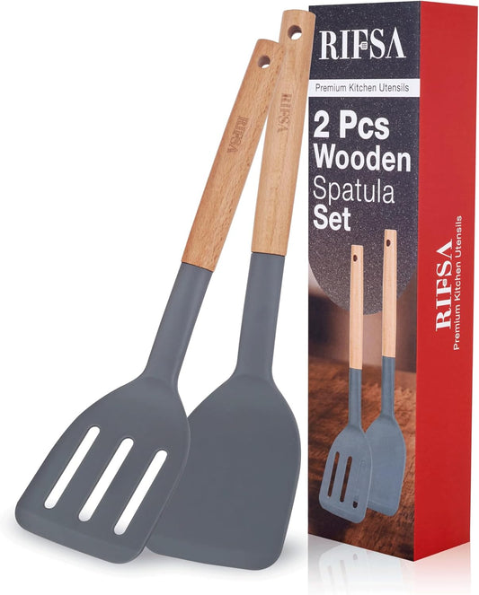 Pack of 2 Silicone Spatula, Non Stick Slotted Spatulas with Wooden Handle, Ideal Wood Kitchen Utensils Set for Frying, Baking, Flipping & Turning, Heat Resistant Silicone Turner for Non Stick Cookware