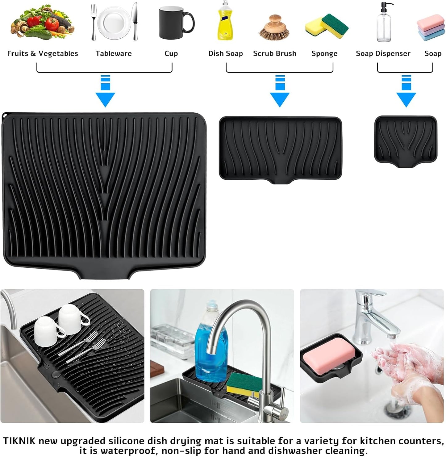 Silicone Dish Drying Mat for Kitchen Counter, Dish Drying Pad, Non-Slip Drain Pad with Built-in Drain, Heat Resistant Stone Drying Mat, 1 set XL(Black)